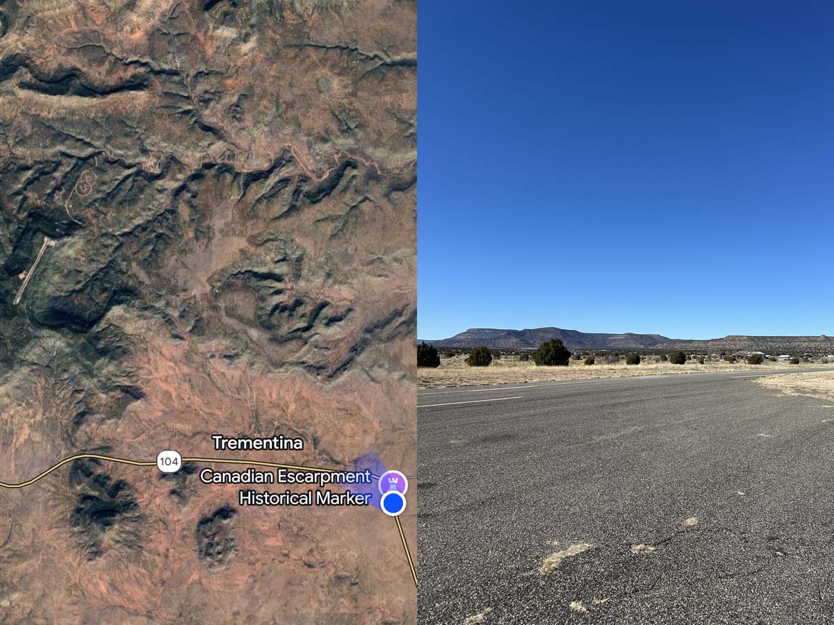 Photo collage of satellite view and landscape photo off of the Conchas Highway