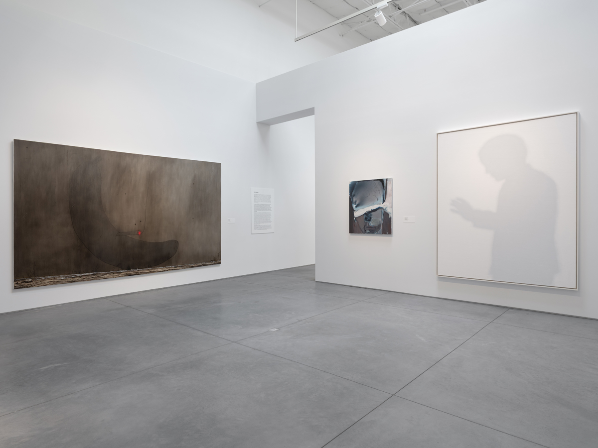 Installation view of Chase a Crooked Shadow: Film Noir as Contemporary Mirror at The Warehouse Dallas featuring artwork by Nigel Cooke, Marlene Dumas, and Jiro Takamat.