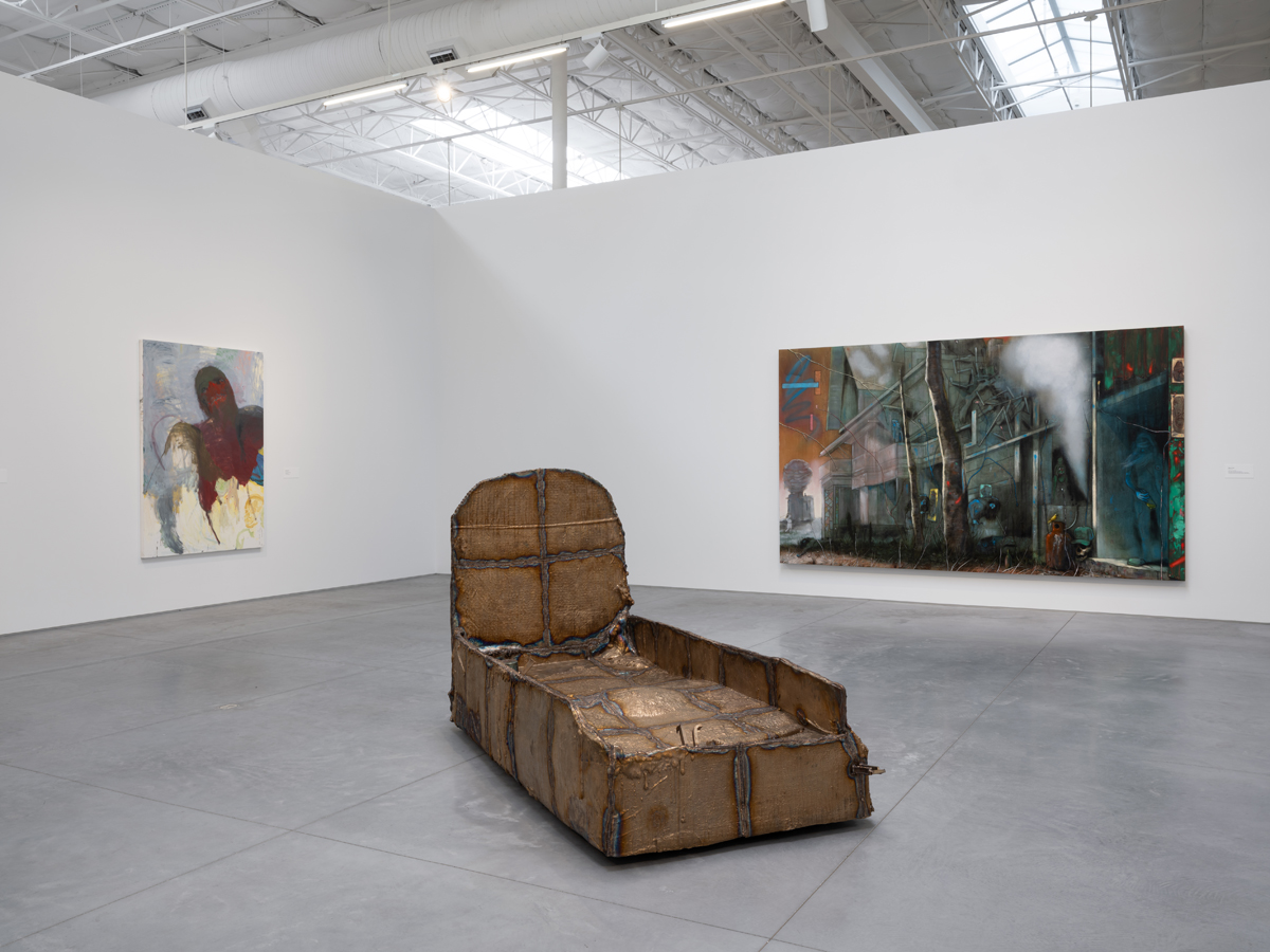 Installation view of Chase a Crooked Shadow: Film Noir as Contemporary Mirror at The Warehouse Dallas featuring artwork by Shuriya Davis, Sterling Ruby, and Nigel Cooke.
