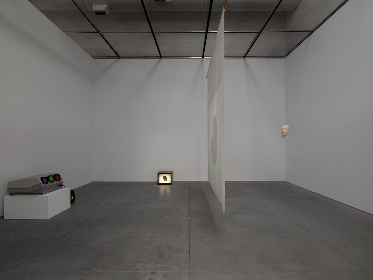 Installation view of Chase a Crooked Shadow: Film Noir as Contemporary Mirror at The Warehouse Dallas featuring artwork by Bruce Nauman.