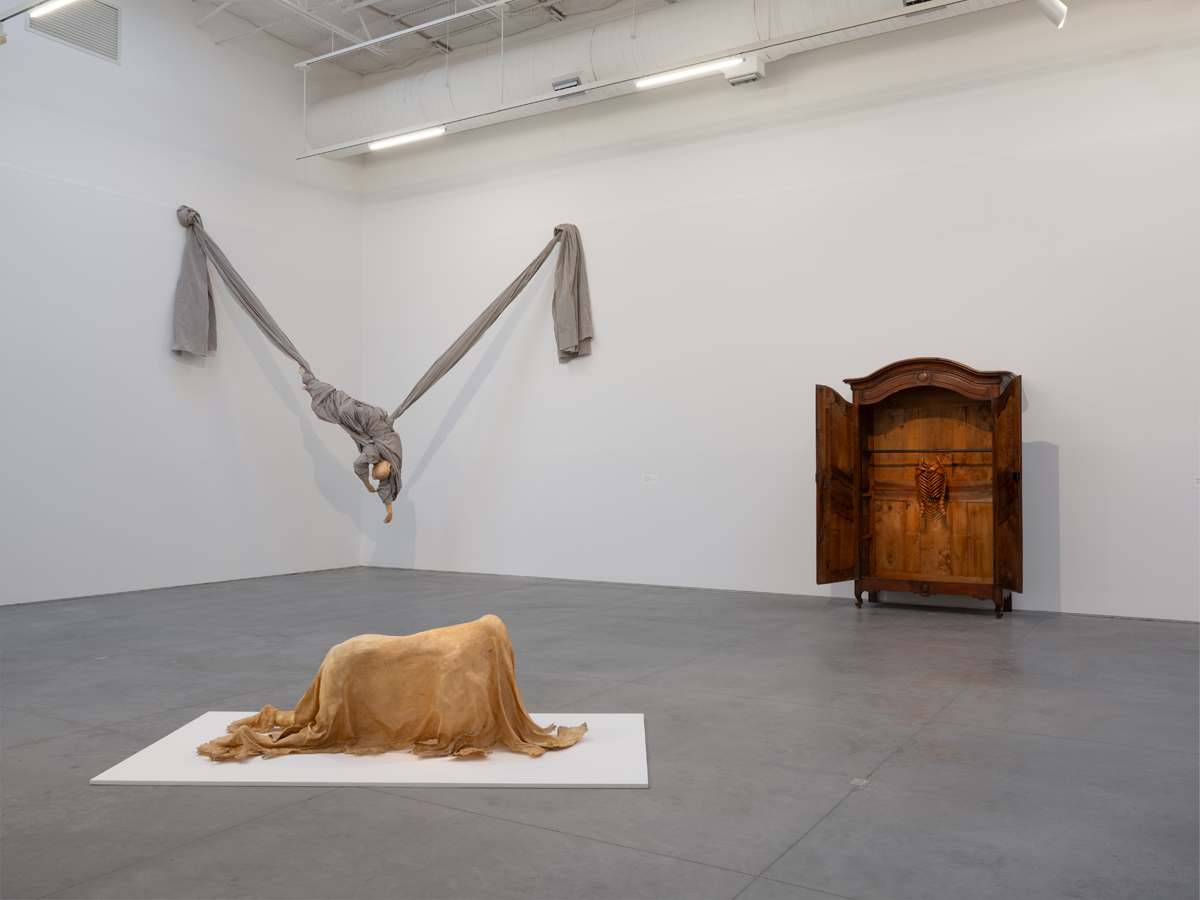 Installation view of Chase a Crooked Shadow: Film Noir as Contemporary Mirror featuring artwork by Paloma Varga Weisz, Janine Antoni, and Hugh Hayden.