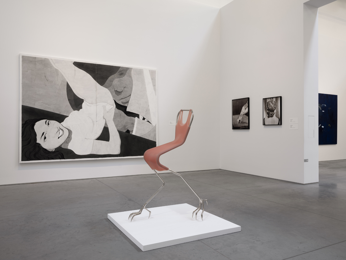 Installation view of Chase a Crooked Shadow: Film Noir as Contemporary Mirror featuring artwork by Anna Park, Hannah Levy, Marlo Pascual, and Guillermo Kuitca.