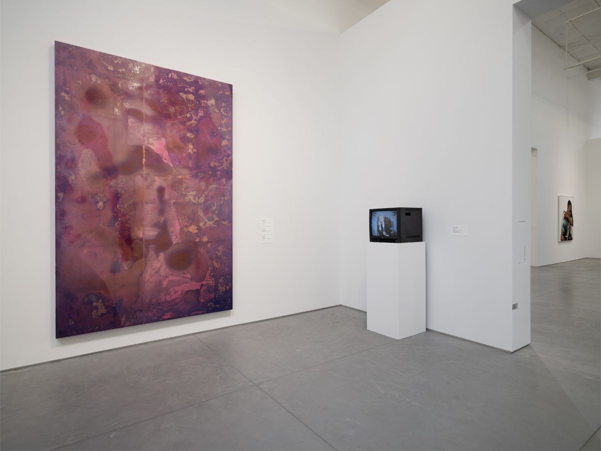 Installation view of Chase a Crooked Shadow: Film Noir as Contemporary Mirror featuring artwork by Shinro Ohtake, Christian Marclay, and Delfin Finley.