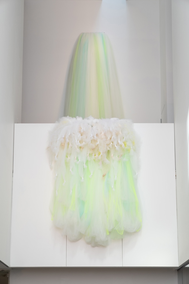 Installation view of a large-scale tulle sculpture by Ana María Hernando in Denver.