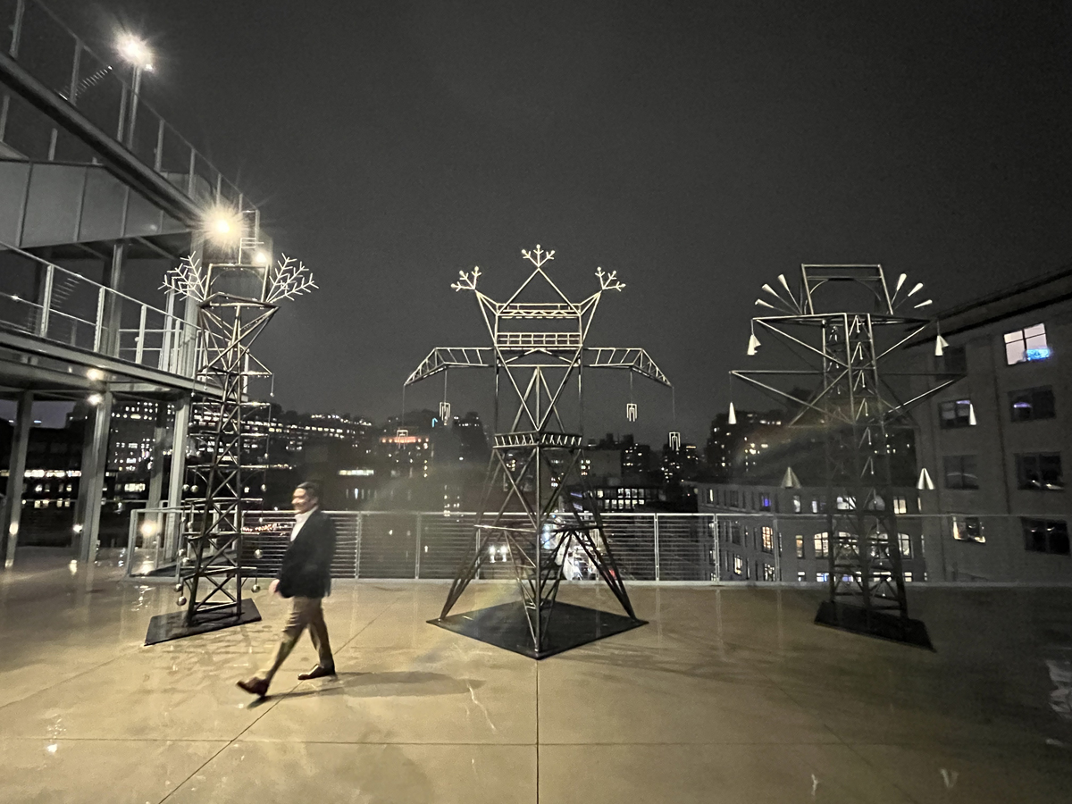 Outdoor display of steel sculptures by Nanibah Chacon in the Whitney Biennial.