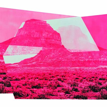 Silkscreen print of a landscape in pink by Michael Namingha