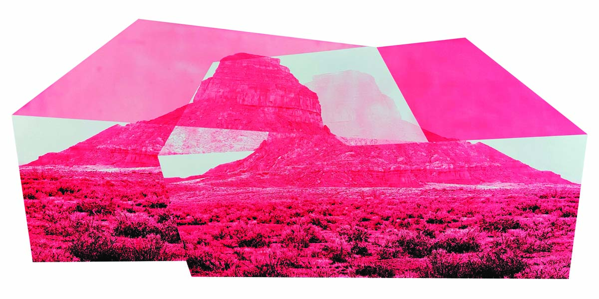 Silkscreen print of a landscape in pink by Michael Namingha, in States of Erosion at IAIA MoCNA, one of the exhibitions selected for the southwest art exhibitions summer 2026 guide