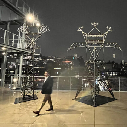 Outdoor display of steel sculptures by Nanibah Chacon in the Whitney Biennial.