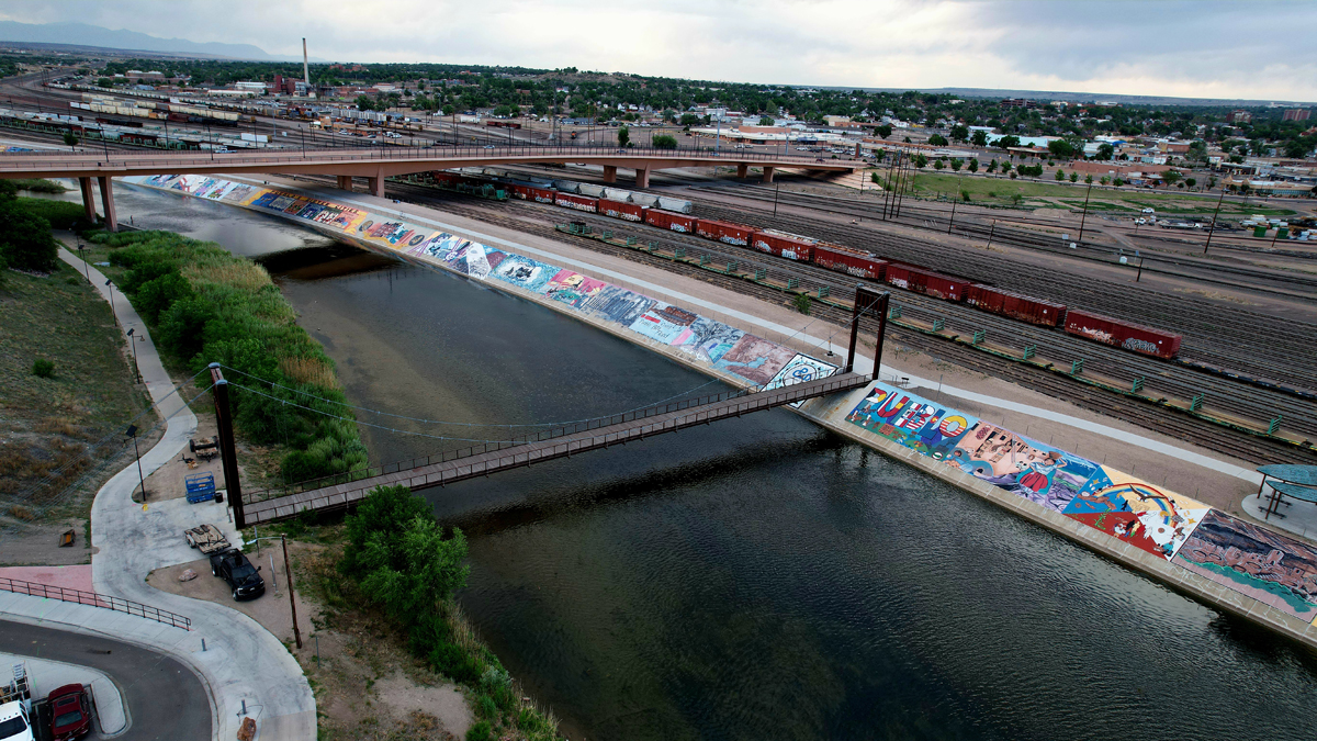 Aerial view of the Pueblo Levee Mural Project, which once broke a record for the largest outdoor mural gallery in the world.
