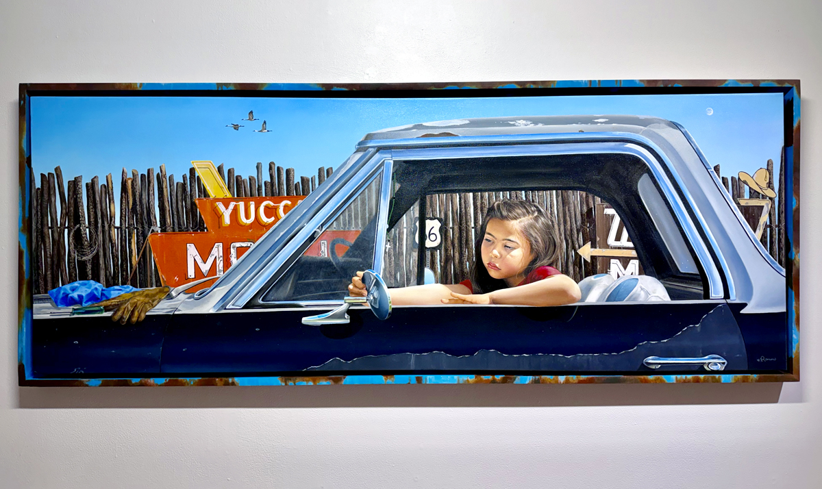 Oil painting by Eric Romero of a child in a classic car, from the group exhibition The Rest is Drag at 516 Arts.