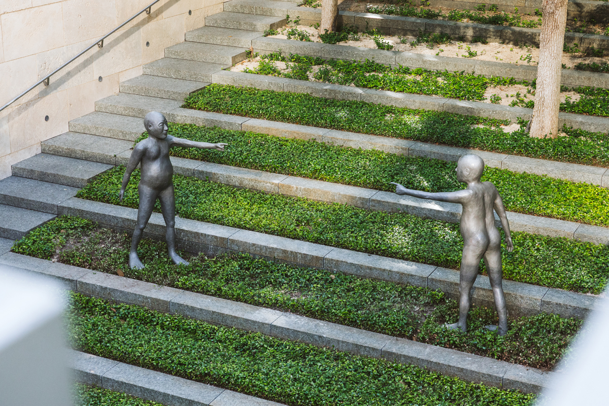 Installation view of an outdoor figurative sculpture at Nasher Sculpture Center.