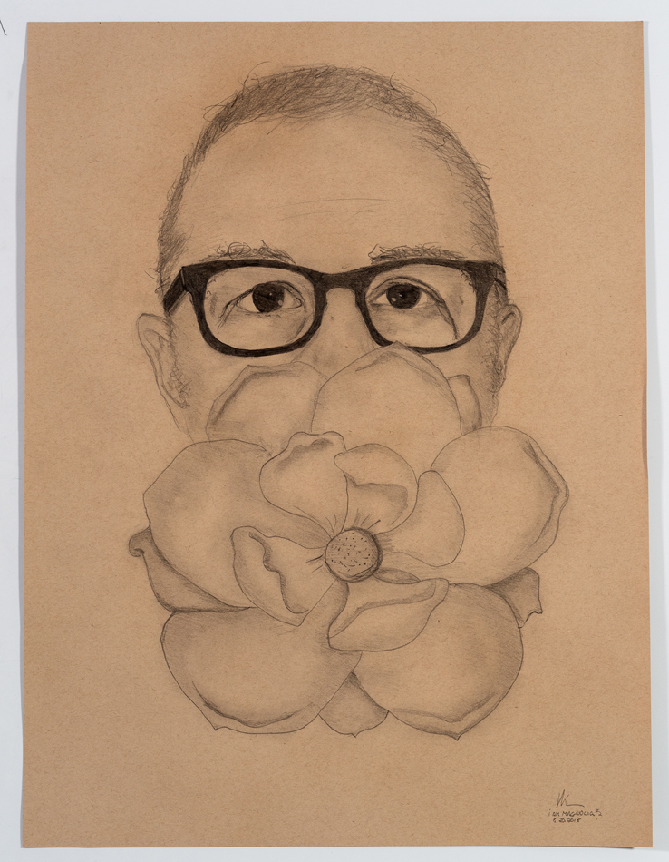 Self-portrait of neosurrealist artist Nic Nicosia, with a magnolia blooming under his nose.