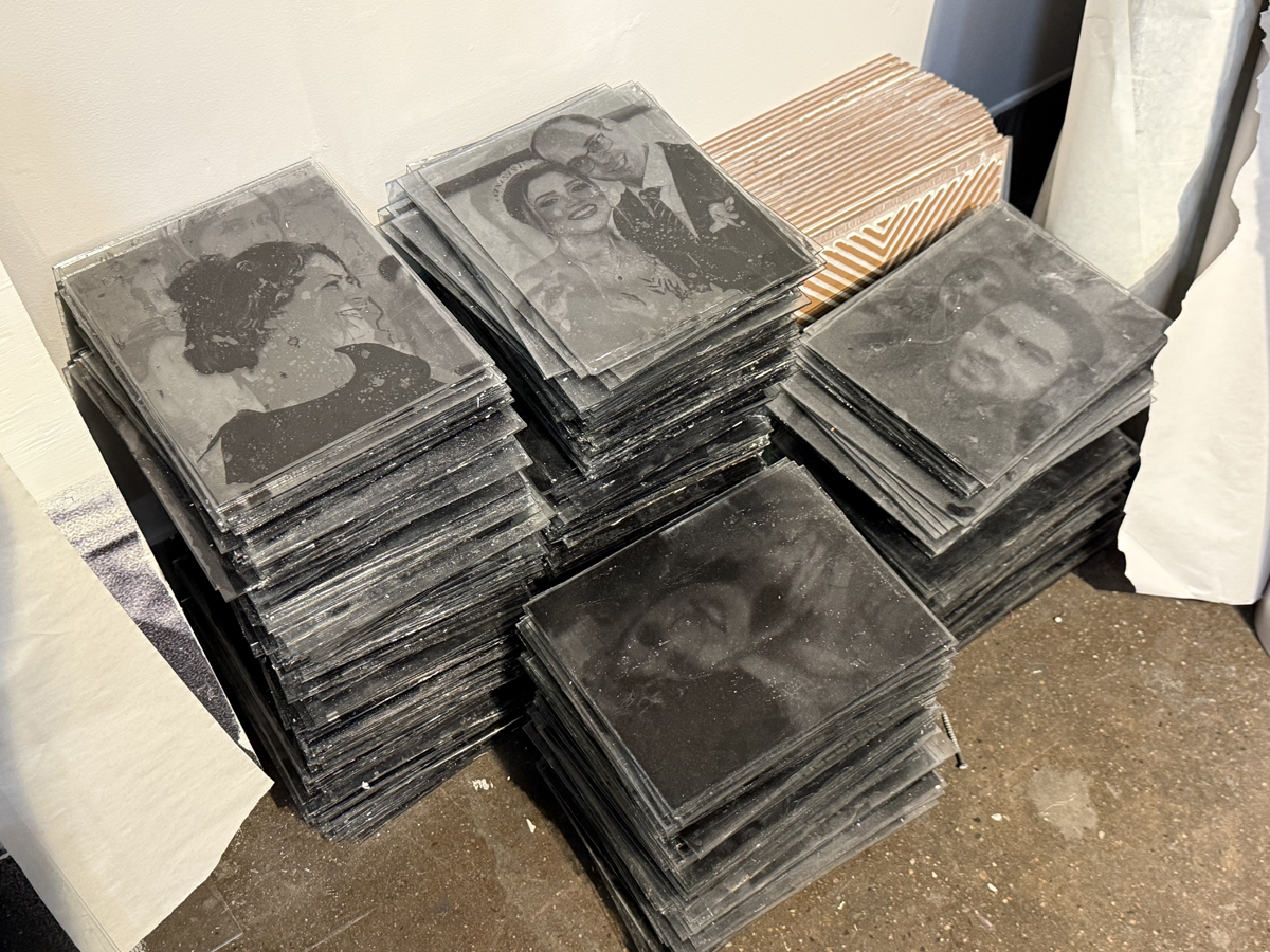 Stacked glass plates in Phoenix-based artist Mehrdad Mirzaie's studio.