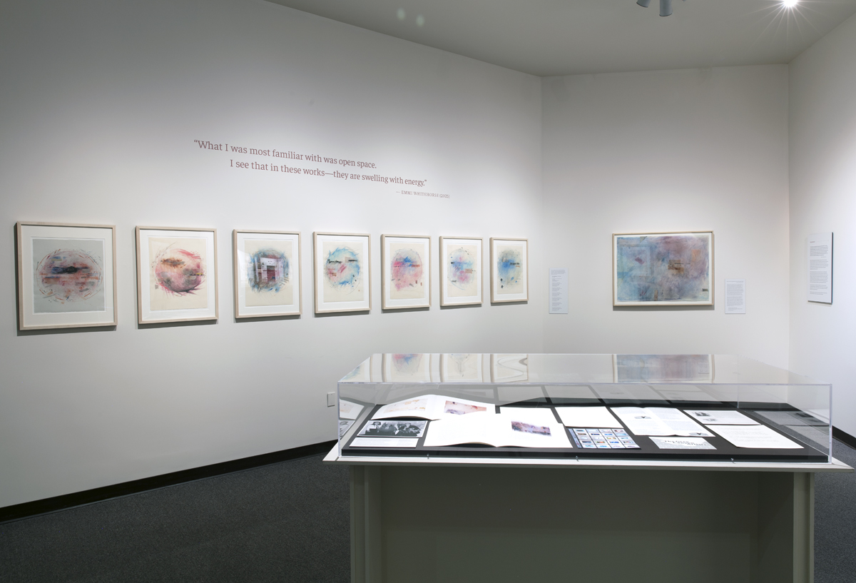Installation view of an exhibition by Emmi Whitehorse at the Wheelwright Museum of the American Indian, Santa Fe.