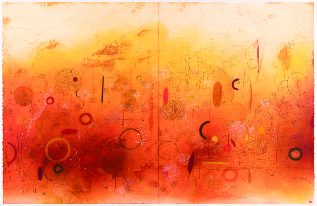 Semiabstract painting in an orange and yellow palette by artist Emmi Whitehorse.