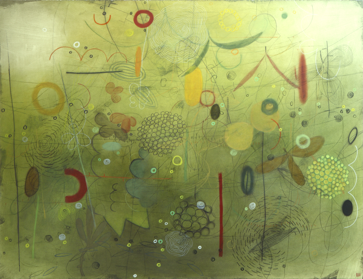 Semiabstract painting by Emmi Whitehorse in a green, yellow, and red palette.