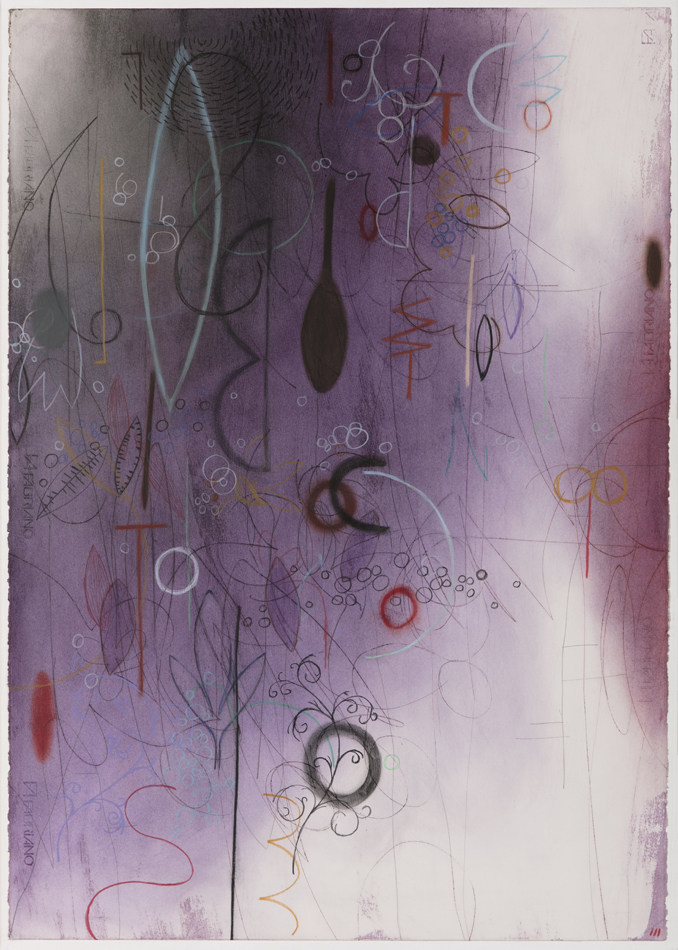 Semiabstract mixed-media painting in a purple palette by Dine/Navajo artist Emmi Whitehorse.