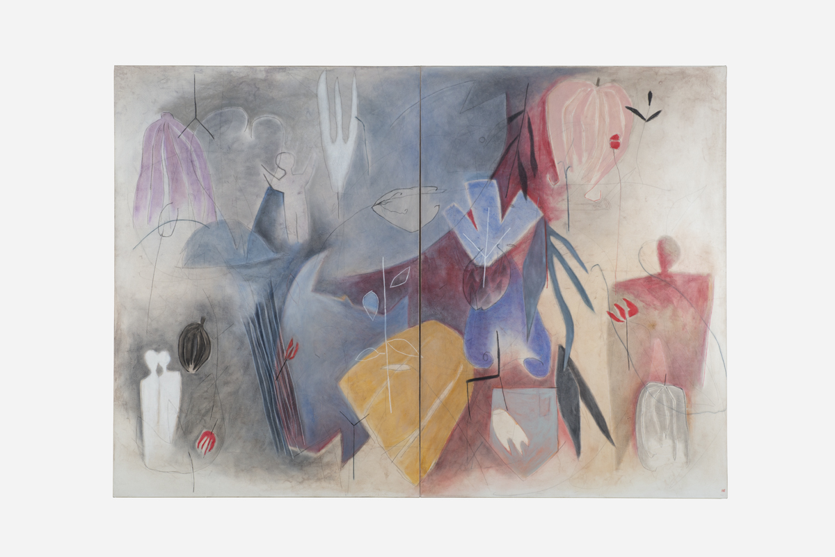 Mixed-media semiabstract painting by Emmi Whitehorse.