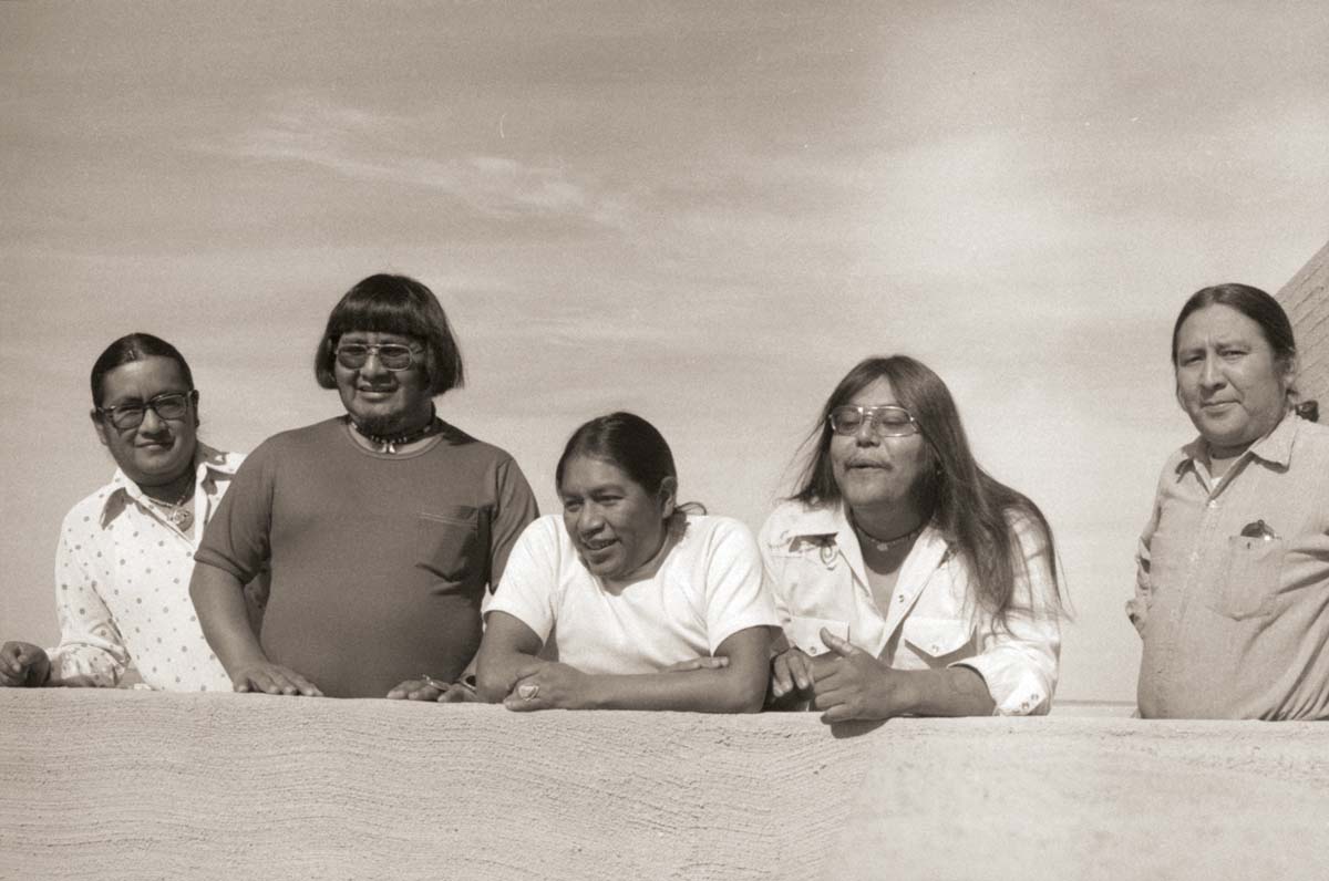 Artist Hopid in 1976. From left: Honvantewa (Terrance Talaswaima), Dawakema (Milland Lomakema), Coochsiwukioma (Delbridge Honanie), Neil David Sr., Lomawywesa (Michael Kabotie) 