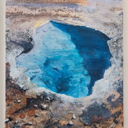 Painting by Eleanor Mahin Thorp with a clear blue pool in a landscape.