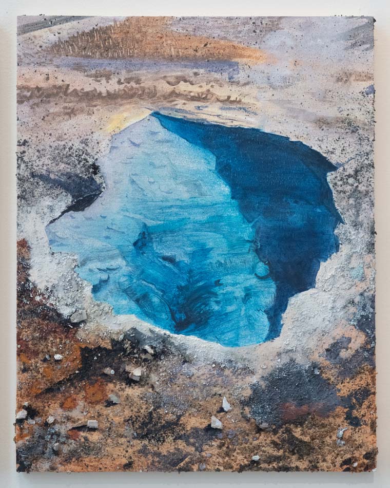 Painting by Eleanor Mahin Thorp with a clear blue pool in a landscape.