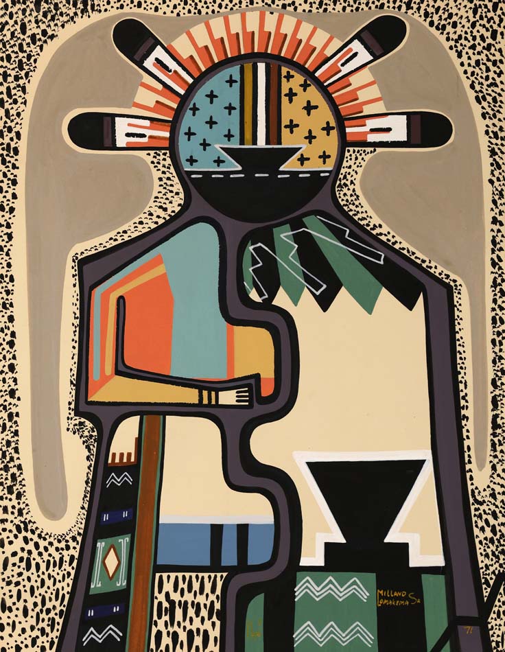Untitled opaque watercolor painting of Katsina figure by Hopi artist Milland Lomakema