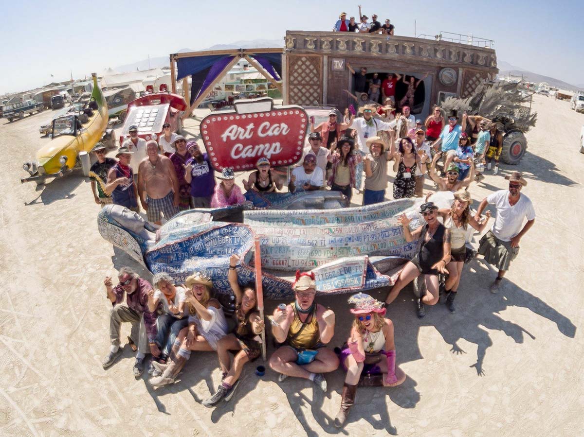 ARTCAR CAMP at Burning Man, with <i>Madonna Car</i> by Jose Benavides. 