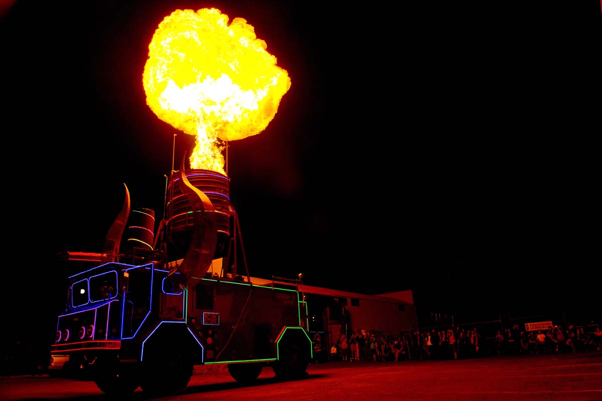 Heathen, an art car spitting fire