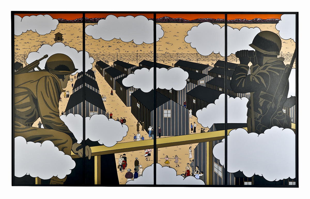 Artwork by Roger Shimomura depicting guards watching a Japanese American incarceration camp.