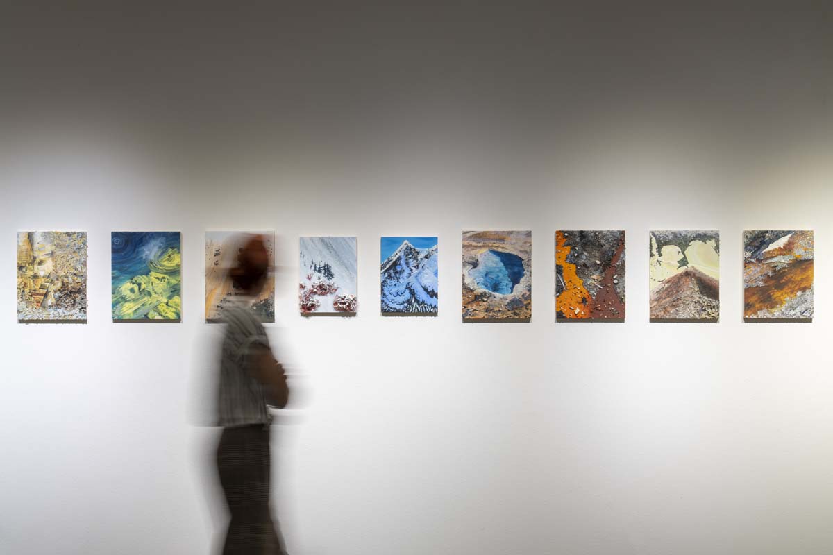 Installation view with row of paintings