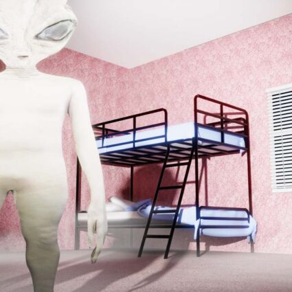 Adrian Pijoan, Greys in My Bedroom, depicting digital alien figures in a bedroom