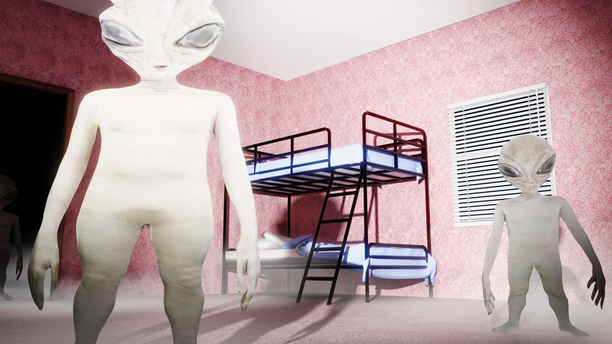 Adrian Pijoan, <i>Greys in My Bedroom</i>, depicting digital alien figures in a bedroom