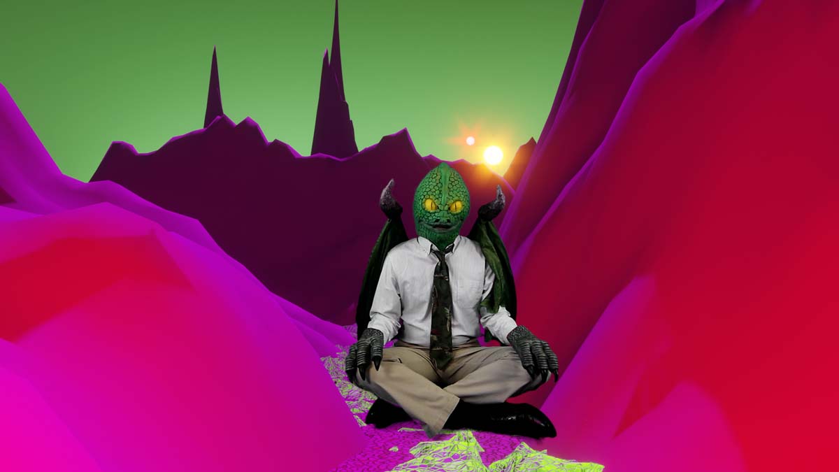 Single channel video still of Adrian Pijoan's Far Out with an alien figure in a digital landscape.