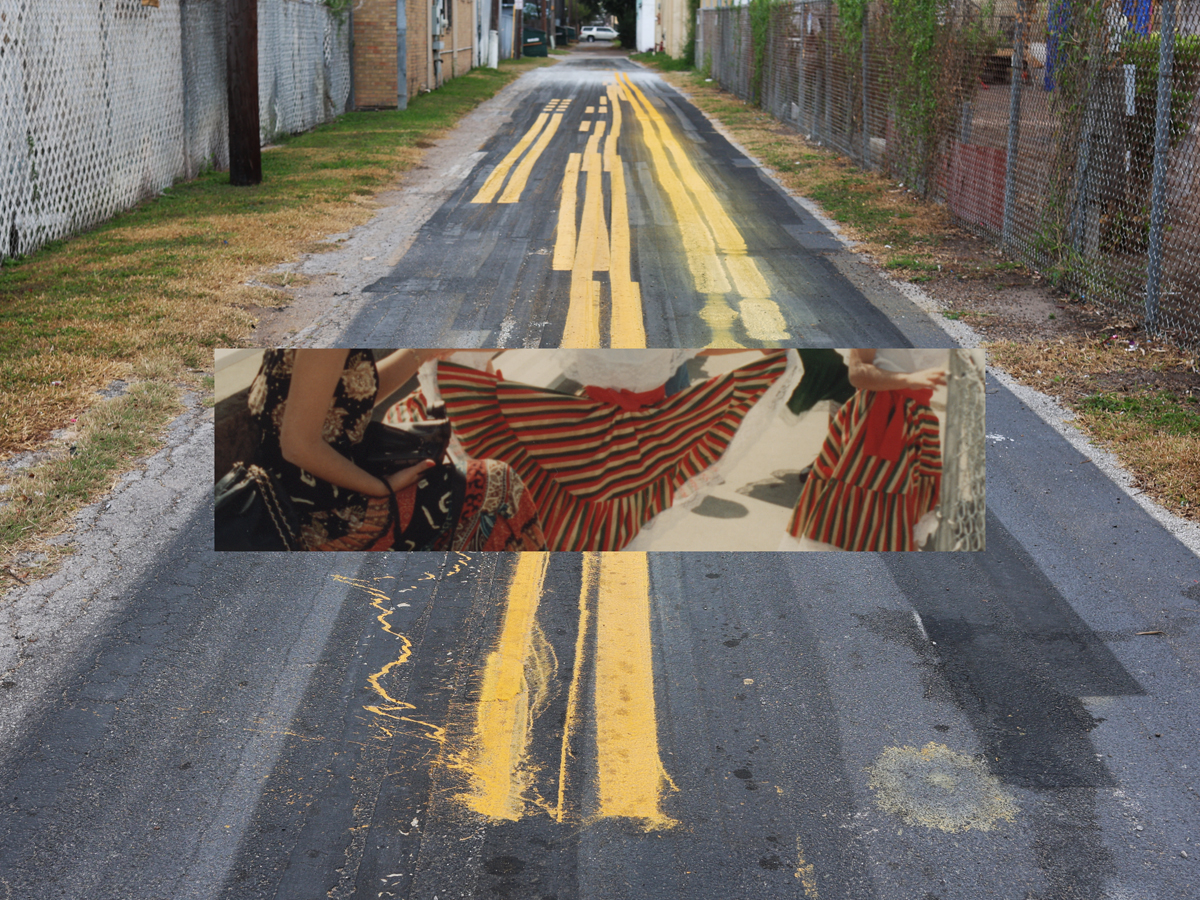 Hyphen-shaped photo of people in dresses layered on top of another photo of a road with many painted over lanes.