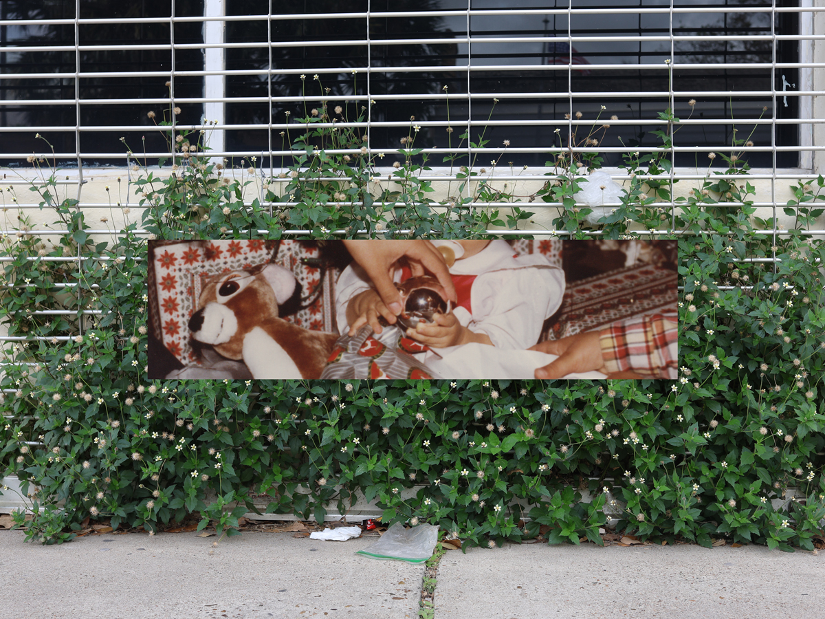 Hyphen-shaped photo of adult and baby hands holding small trinkets layered on top of another photograph of a bush and sidewalk in front of a barbed wall