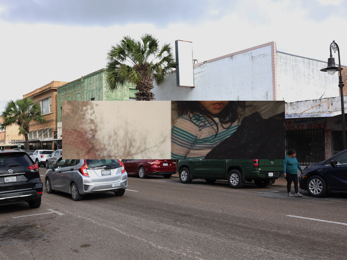 Hyphen-shaped photo of person in a striped white and blue shirt next to a white wall layered on top of a photo of a road with cars, a palm tree, and tall white and green buildings.