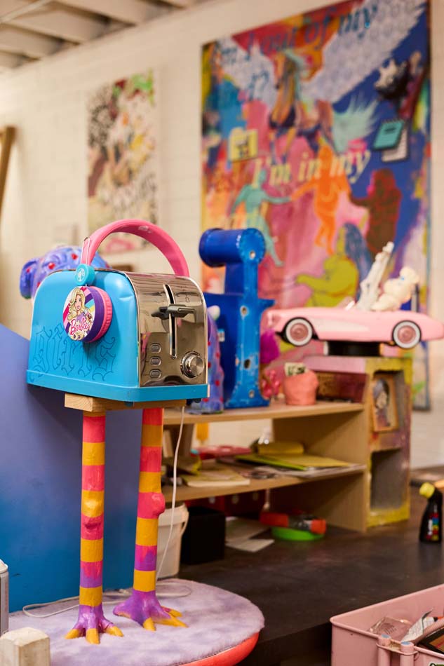 Inside Lady Egg’s current studio, featuring one of her many chicken leg themed sculptures.