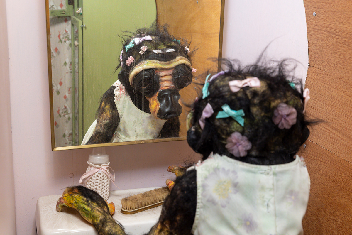 Half-gorilla-half- human child staring at self in the mirror.