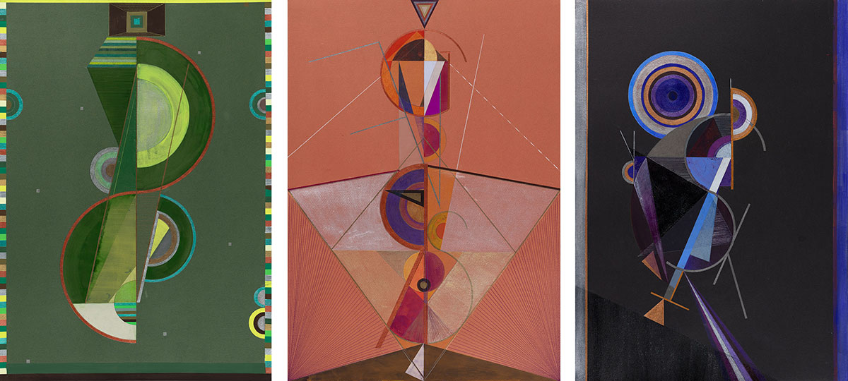Three sigil paintings by Hilma's Ghost: Passion, Forgiveness, and Prosperity