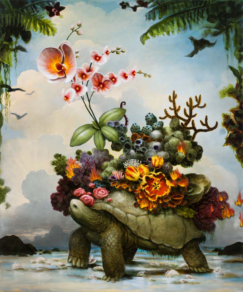 Migration of the Bouquet depicts a tortoise with a bouquet of flowers on its back